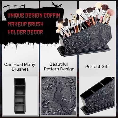 Gothic Coffin Decor Makeup Brush Holder,Spooky Witchy Gifts for Women,Bat Cosmetic Display Cases,Cross Goth Decor Pen Holder, Vanity, Desk, Office Organizer for Christmas Bedroom Bathroom,Black