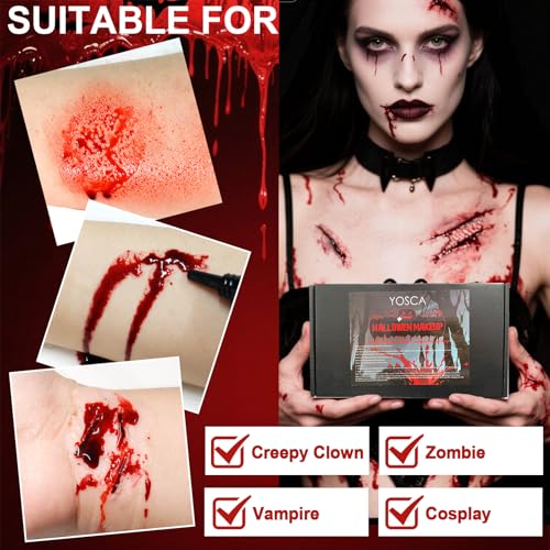 Yosca 6Pcs Halloween Fake Blood Makeup Kit, Realistic Washable Fake Blood Spray, Dripping, Coagulated, Scar Wax for Halloween Face Red Body Paint, Clown Vampire Monster Zombie Scar Makeup Kit