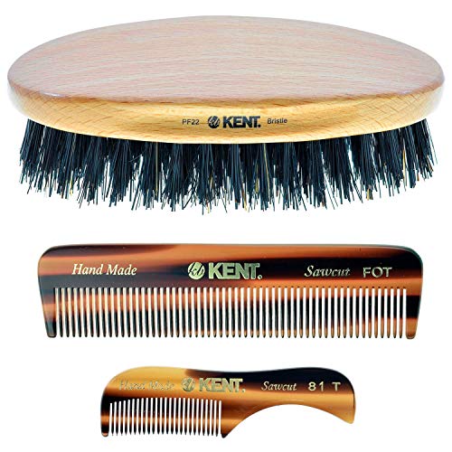 Kent Mens Beard Kit, 81T Extra Small Beard Mustache Comb, Fot All Fine Tooth Pocket Comb and PF22 Oval Palm Hair Brush. Beard and Mustache Grooming Kit for Travel and Home Beard Care. Made in England