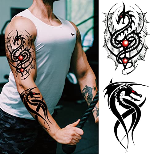Dragon Temporary Tattoo For Men Adult, Realistic Large Tribal Dragon Fake Tattoo Men, Waterproof Long Lasting Big Temp Tatoo Sticker Boy Teen Chest Half Arm Body Art Makeup, 8-Sheet (Dragon)