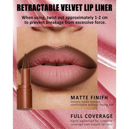 Lip Combo Set, Brown Matte Lip Liner Pencil & Pink Glitter Lipstick Kit, High Shine Highly Pigmented, Nourishing Moisturizing, Long Lasting Plumping Shimmer Lips Gloss Stain, Makeup Gift for Women-01