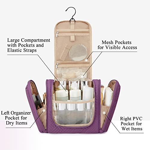 BAGSMART Large Travel Toiletry Bag for Women, Hanging Toiletry Bag with Hook, Travel Cosmetic Makeup Bag Travel Organizer for Accessories, Shampoo, Full Sized Container, Toiletries,Purple-Large