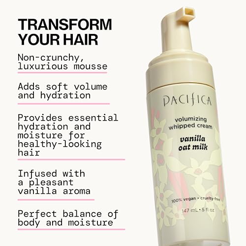 Pacifica Hair Mousse - Vanilla Oat Milk ? Light Hold for Soft Volume & Hydration with Touchable Hold, Delightful Vanilla Scent, Vegan & Cruelty-Free, 5 fl oz