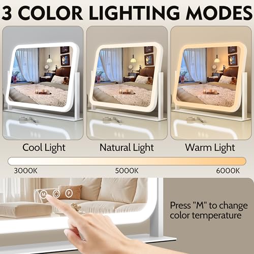HNV 17"x13" Hollywood Vanity Mirror with Lights, Rounded Makeup Mirror with 10X Magnification, 3 Color Dimmable LED, Smart Touch Control & 360¡Æ Rotation, Shatter-Resistant Tabletop Desk Mirror (White)
