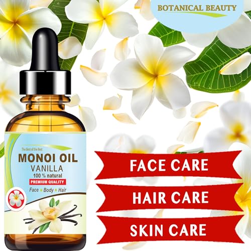 Botanical Beauty MONOI OIL VANILLA - Tiare flowers in Coconut Oil and Vanilla Bean Oil 100% Natural 1 Fl.oz - 30 ml Pure for FACE, SKIN, BODY, HAIR, NAILS