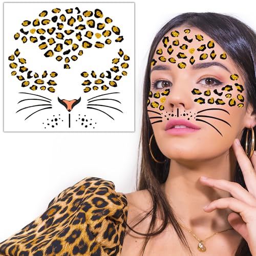 Leopard Face Tattoos, Glitter Cheetah Cat Leopard Tattoos Face Stickers, Cheetah Costume for Adult Women, Halloween Animal Costume Stickers Party Supplies