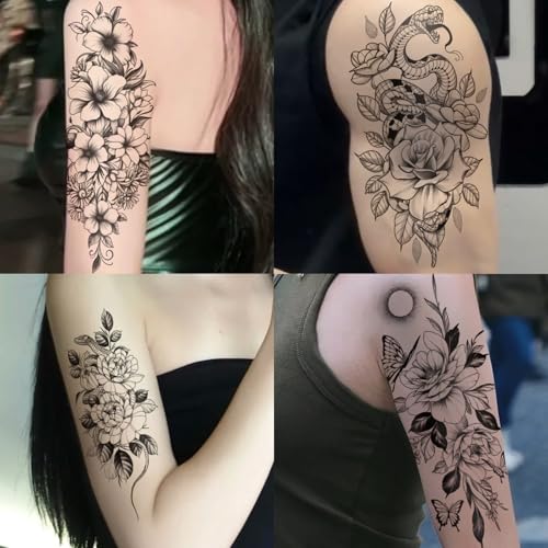 12 Sheets Temporary Tattoo for Men Women Adults, Black 3D Half Sleeve Temporary Tattoos, Halloween Large Fake Tattoos Flower Scary Lion Wolf Butterfly Skull Skeleton Tattoos Stickers Q1015