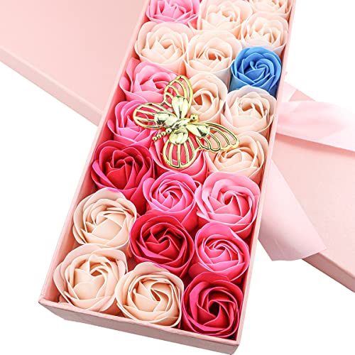 33 PCS Floral Scented Bath Soap Rose Flower Petals, JIALEEY Plant Essential Oil Rose Soap Set Gifts Ideas for Her Women Girls Mom Valentine's Day, Pink Gift Box