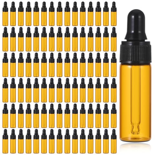 5ml Glass Dropper Bottles, 100 Pcs Amber Bottles with Black Caps, Leakproof Essential Oil Containers for DIY Perfume, Travel Liquids, Aromatherapy, Lab Sample & Hair Oil Storage