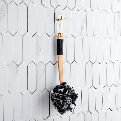 Okuna Outpost Loofah Bath Set - Long-Handle Loofah Back Scrubber - Fast-Drying Shower Poufs & Sponges - Adhesive Hook for Body Scrubber & Bathroom Essentials - Tan - Pack of 4