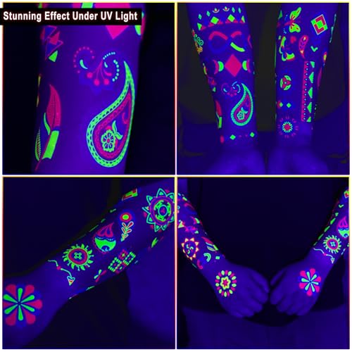 20 Sheets Glow in The Black Light Temporary Tattoos, Glow Party Supplies for Adults and Kids, 160+ Neon UV Glow Fluorescent Designs, Perfect for Neon Raves, Festivals, Birthday Parties and More