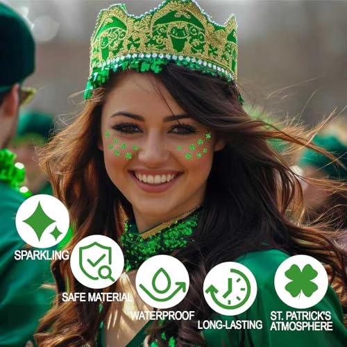 St Patricks Day Face Temporary Tattoos, St Patricks Day Accessories 6 Pcs Glitter Freckles Face Tattoo Green Shamrock Clover Stickers for Adult Women Saint Patricks Day Party Favors
