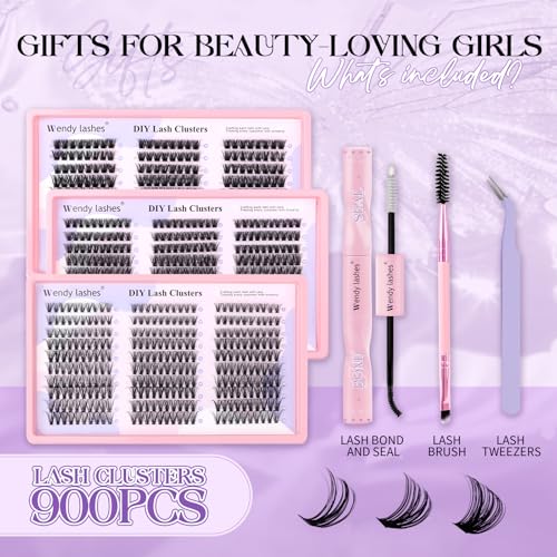 Lash Clusters Kit 40D+60D+80D 3 Styles 900PCS with Bond&Seal Cluster Eyelash Extensions Kit Bluk Natural Eyelashes Volume Eyelash Clusters DIY Lash Extension Kit D Curl Individual Lashes Kit