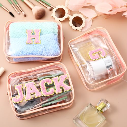 12 Personalized Initial A-z Preppy Patch Clear Makeup Bag Initial Letter Beach Travel Toiletry Cosmetic PVC Bag DIY Chenille Letter Patches Easter Exchange Gifts(Pink, Pink Letters)