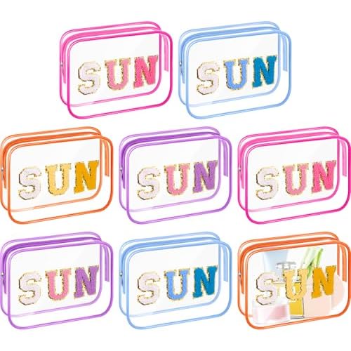 Kacctyen 8 Pcs Clear Sun Makeup Bag Bulk Summer Beach Sunscreen Pouch Waterproof Toiletry Cosmetic Zippered Organizer with Preppy Chenille Letter Patch for Women Girls Beach Pool Vacation Gift