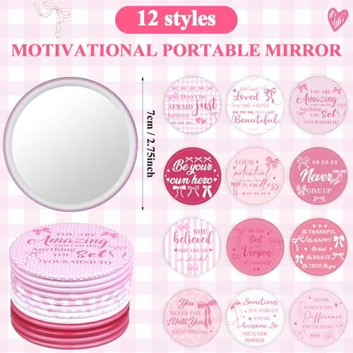 24 Sets Pink Bow Inspirational Makeup Bag with Compact Mirrors Bulk Canvas Cosmetic Bags Pink for Women Party Christmas Graduation
