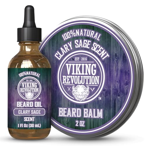 Viking Revolution Clary Sage Beard Balm for Men and Clary Sage Beard Oil Bundle - With Argan and Jojoba Oils - Soften and Moisturize your Beard