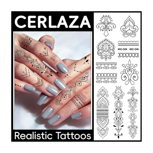Cerlaza 62 Styles Temporary Tattoos Adult, Henna Hand Finger Fake Tattoos Semi Permanent Tattoo for Women Men, Realistic Long Lasting Small Hannah Tatoo Temporary Kits Stickers Body Art for Neck