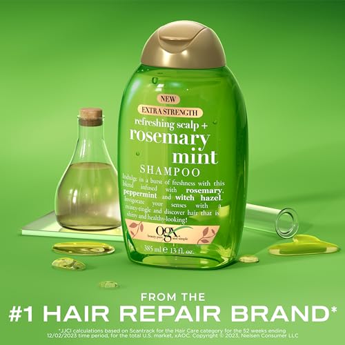 OGX Bundle: Extra Strength Refreshing Scalp + Rosemary Mint Shampoo & Conditioner, 13 fl. oz each. Clarifies by removing oil & buildup. Infused with rosemary mint for shine. Sulfate-free surfactants.