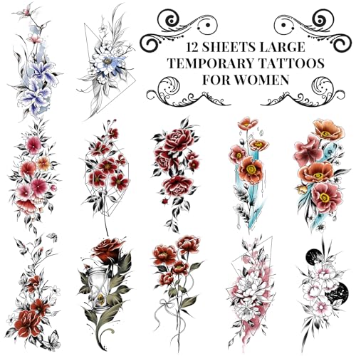 Cerlaza Temporary Tattoos for Women Adult, Realistic Flowers Half Arm Sleeve Tattoo, Waterproof Fake Tattoos, Semi Permanent Sexy Red Flower Tattoo Long Lasting-12 sheets