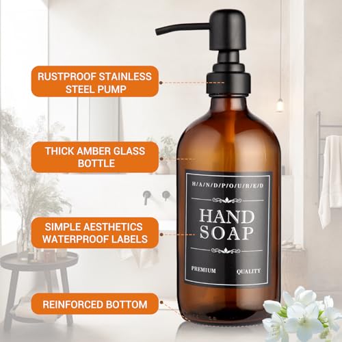 2 Pack Brown Glass Bottle, Soap Dispenser with Stainless Steel Pump,17 oz Upgrade Hand and Dish Soap Dispensers Kitchen, Hand Soap Dispenser Bathroom Accessories for Hotel, Vacation Rental, Restaurant