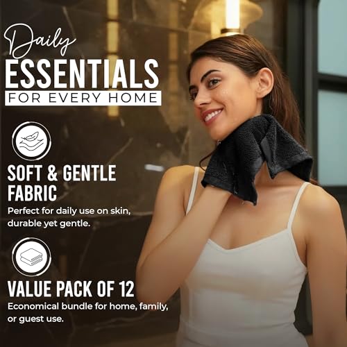 RIVERSIDE 12 Pack Premium 100% Cotton Face Wash Cloths, 12 x 12 Inches, Soft & Absorbent Face Towels for Bathroom Wash Clothes, 550 GSM, Luxury WashCloths for Showering, Body, Spa & Gym, Black