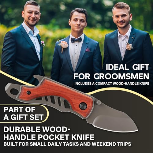 36Pcs Groomsmen Gifts Set of 4, Proposal Gift Box with Toiletry Bags, Whiskey Glasses, Sunglasses, Wood Handle Pocket Knives, Bottle Openers, Cards, Envelopes and Tuxedo Gift Bags (4 Set)