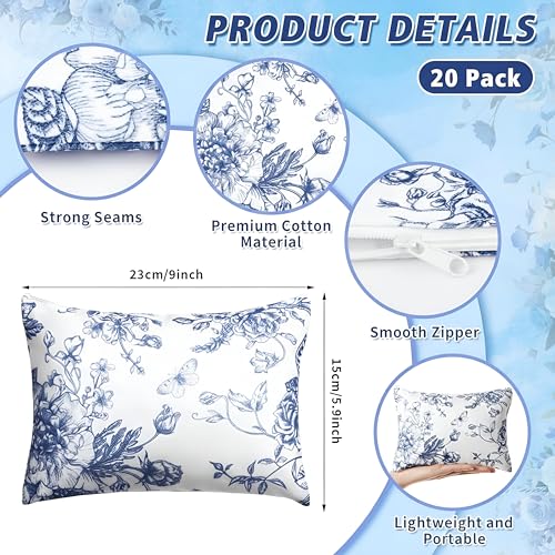 20 Pcs Floral Makeup Bags with Zipper Canvas Cosmetic Bags Bulk for Women Pencil Bag Travel Toiletry Pouch Gift for Health Nurse Mother Teacher (Blue)