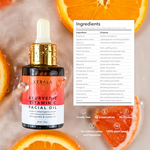 Ayurvedic Vitamin C Face Oil with Rosehip Oil, Bakuchiol, Ashwagandha, and Squalane, Hydrating, Brightening, and Repairing Serum for Dark Spots, Fine Lines, and Wrinkles, Clean Luxury Skincare
