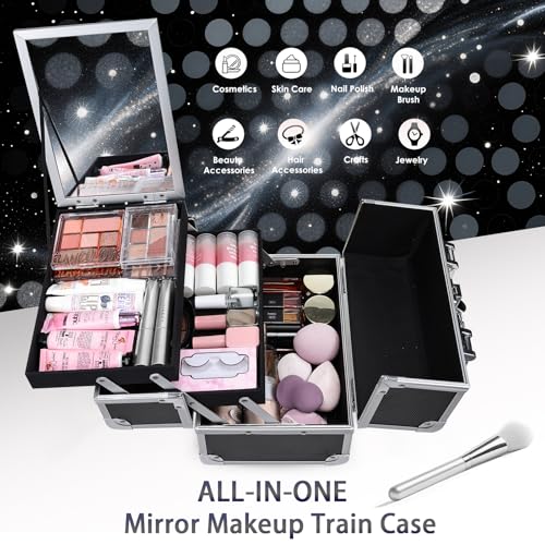 FRENESSA Makeup Case Organizer Cosmetic Box Storage Portable Makeup Train Case with Mirror 2 Trays Travel Vanity Box for Cosmetics Nail Kits Craft Tools Case Aluminum Hard Make Up Organizer Black