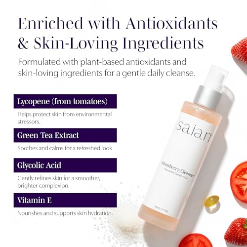 Saian Strawberry Cleanser 4oz ? Gentle Daily Facewash & Makeup Remover for Normal, Dry, and Sensitive Skin | Hydrating, Non-Irritating Facial Cleanser | Exfoliating, Moisturizing, Soothing & Purifying