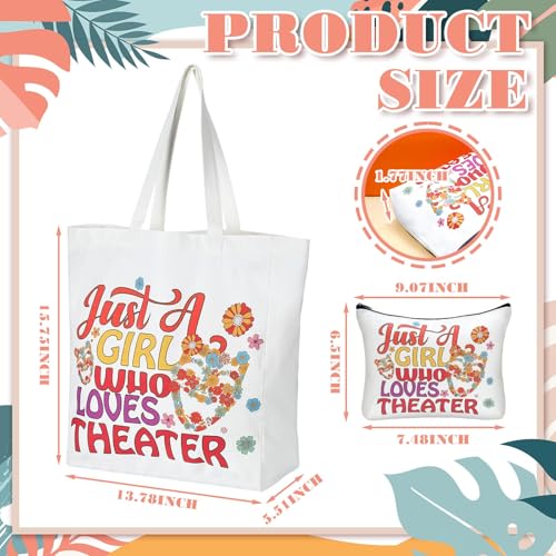2 Pcs Theater Gifts for Musical Theater Lovers Women Makeup Bag and Tote Bag Retro Flower Comedy Mask Tote for Woman Drama Teacher Retirement Graduation Gifts