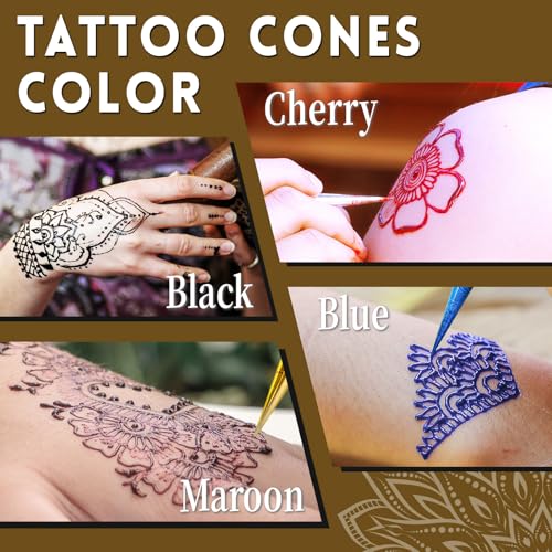 Temporary Tattoo Stencil Kit, 4 Pcs Tattoo Cones 4 Color (Black/Maroon/Cherry Red/Blue) 44 Tattoos Templates and Cotton Swabs, DIY Body Art Skin Painting Designs for Valentine's Gifts