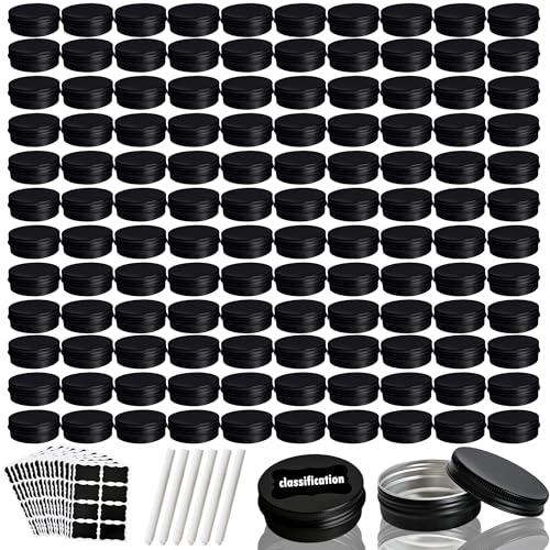 120 Pack Round Aluminum Tin with Screw Lid 2 oz Round Metal Cans Containers Empty Balm Storage Jars DIY Refillable Tin with 6 Markers 15 Sheets Stickers for Candle Salve Cosmetic Spices (Color Set 2)