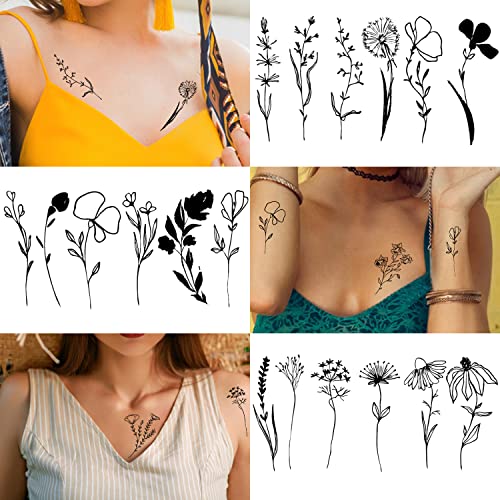 Cerlaza 75 Styles Tiny Black Flower Branch Temporary Tattoos For Women, 16 Sheets Realistic Wild Flower Floral Small Fake Tattoo Adults, Christmas Tattoo Stickers for Hands Legs Body Sticker