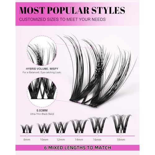Flora Lash Clusters Kit Wispy Fluffy 8-18mm Hybrid Volume Eyelashes Cluster Extension Kit D Curl Individual DIY False Lash Extension Kit with Lash Bond and Seal, Thin Invisible Black Lash Band