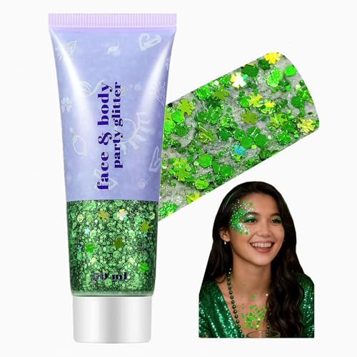 Go Ho Green Face Body Glitter,St Patricks Day Shamrock Hair Glitter Makeup,Self Adhesive Holographic Chunky Sequins Glitters,Irish Festival Four Leaf Clover Green Accessories