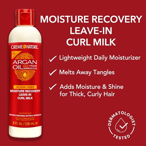 Creme of Nature Moisture Recovery Leave-In Curl Milk, Lightweight Daily Moisturizer, Detangles and Adds Shine, With Argan Oil from Morocco, 8 oz
