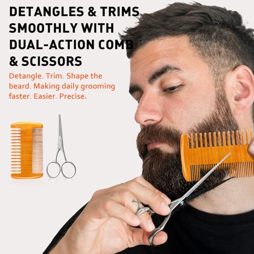 DUAIU 8Pcs Beard Brush and Comb for Men, Boar Bristle Brush and Dual Action Comb - Beard Shaper, Straight Shaving Razor with 10 Blades, Cape, Scissors Styling Cutting Tools with Bag
