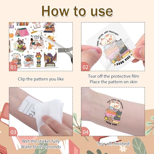 Reading Book Temporary Tattoos - 8 Sheets Tattoo Stickers for Kids, Waterproof Birthday Party Favors Supplies Decorations Sticker for Boys and Girls, Classroom School Prizes Rewards Gifts