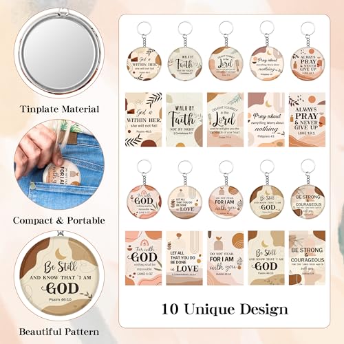 Y1tvei Christian Gifts Mirror Keychains Bulk - 120Pcs Boho Bible Verse Mini Compact Mirrors Inspirational Cards Small Round Portable Pocket Makeup Mirrors for Purse Prayer Church Party Favors Birthday