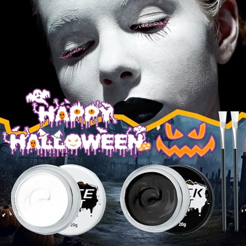 Black White Face & Body Paint Set,Professional Oil Based Face Painting Kit with 2 Brushes,Halloween SFX Makeup Palette Kit for Skull Costume Party Skeleton Cosplay Clown Art Theater