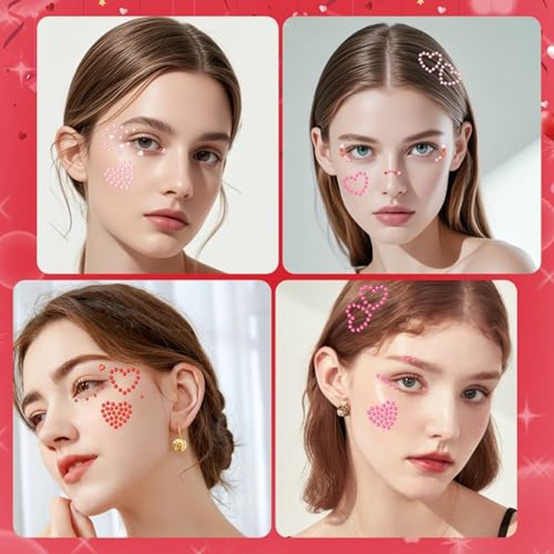 6 PCS Heart Self Adhesive Face Gems Stickers Valentine's Day Rhinestones Face Jewel for Women Festival Heart Accessories Stickers for Craft