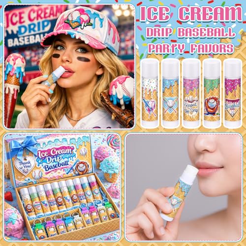 50 Set Ice Cream Drip Baseball Party Favors Gifts Bulk, Baseballs Drip Ice Cream Lip Balms with Lipstick Holder Gifts for Dripping Softball Sports Team Birthday Inspirational for Teen Adults