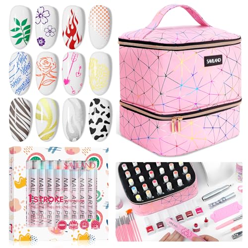 Saviland Nail Art Supplies Kit: 12 Colors 0.5mm Nail Polish Pens for Nail Art & PU Leather Nail Polish Organizer Bag Holds 30 Bottles, Nail Lamp & Manicure Tools
