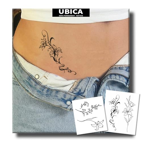 Semi Permanent Tattoo, 2 Sheets Lily Temporary Tattoo for Women Girls, Realistic Flower Tattoos for Waist Arm, Minimalist Line Floral Tattoos, Lasts 1-2 Weeks, Waterproof & Non-reflective