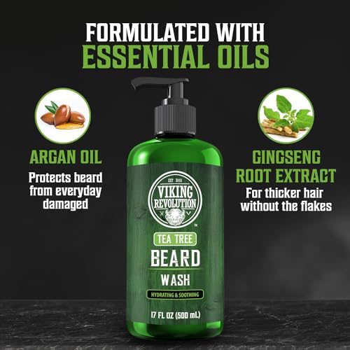 Viking Revolution Tea Tree Beard Wash for Men with Argan Oil and Ginseng Root Extract - Beard Softener and Strengthener Beard Shampoo with Olive Oil Beard Care to avoid Beard Dandruff and Itch (17oz)