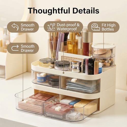 Large Makeup Organizer for Vanity, 3-Tier Dustproof Cosmetic Storage with Drawers & Brush Holder, Skincare Organizer for Bottles, Creams, Lipsticks & Palettes