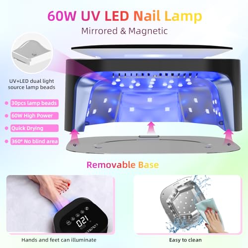 Cordless UV LED Nail Lamp, 60W Rechargeable Nail Dryer Gel Polish Light, Intelligent Auto Sensor LCD Display Nail Lamp, Portable 30 Beads Led Nail Light with 4 Timer Setting (Black)