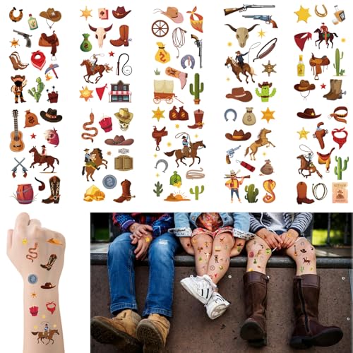 Hying 12 Sheets Cowboy Temporary Tattoos Westworld Cowboys Tattoos Stickers Waterproof Cartoon Makeup Face Tattoos for Birthday Party Decorations